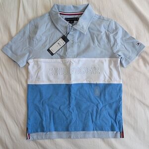 Tommy Hilfiger Polo Shirt Kids Boys Small S(6-7) Blue White Striped NWT